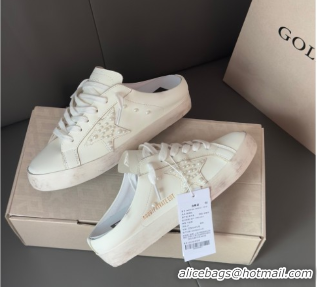 Charming Golden Goose Super-Star Sabot Sneaker Mules in White Leather with Pearls 0429051