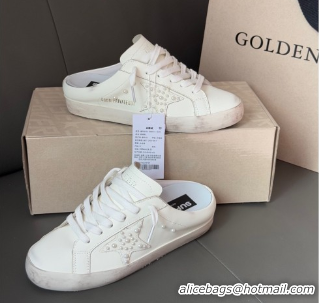 Charming Golden Goose Super-Star Sabot Sneaker Mules in White Leather with Pearls 0429051