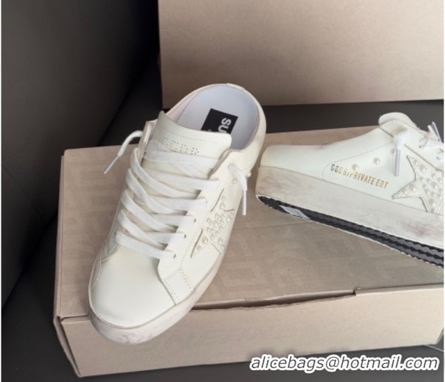 Charming Golden Goose Super-Star Sabot Sneaker Mules in White Leather with Pearls 0429051