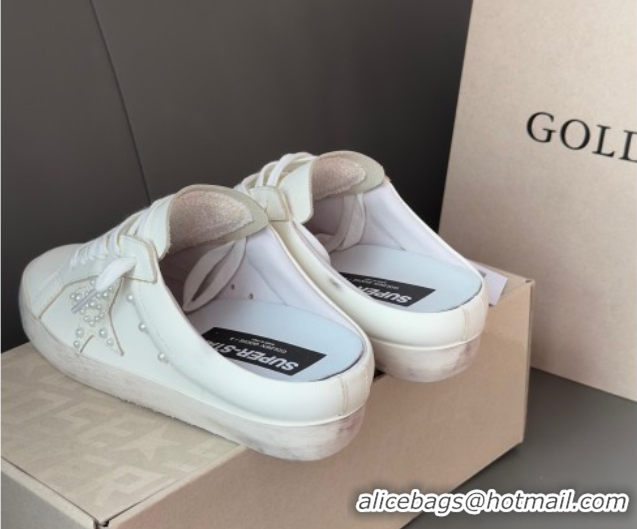 Charming Golden Goose Super-Star Sabot Sneaker Mules in White Leather with Pearls 0429051