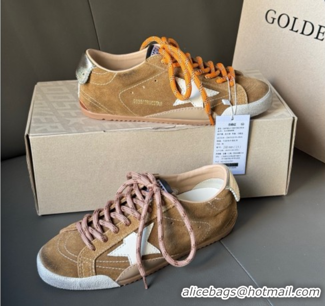 Classic Hot Golden Goose Women's True-Star Sneakers in tobacco-colored brown suede with white star and gold-tone heel ta