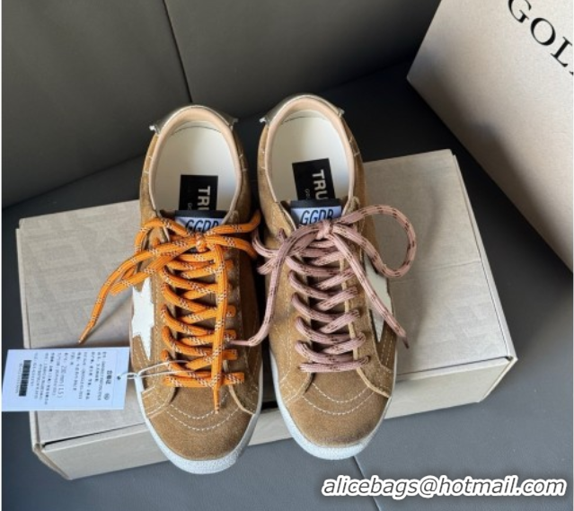 Classic Hot Golden Goose Women's True-Star Sneakers in tobacco-colored brown suede with white star and gold-tone heel ta