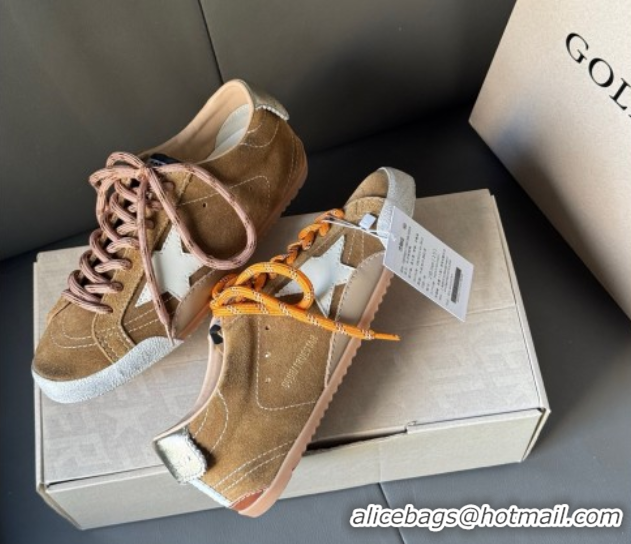 Classic Hot Golden Goose Women's True-Star Sneakers in tobacco-colored brown suede with white star and gold-tone heel ta