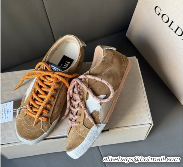 Classic Hot Golden Goose Women's True-Star Sneakers in tobacco-colored brown suede with white star and gold-tone heel ta