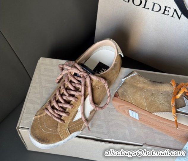 Classic Hot Golden Goose Women's True-Star Sneakers in tobacco-colored brown suede with white star and gold-tone heel ta
