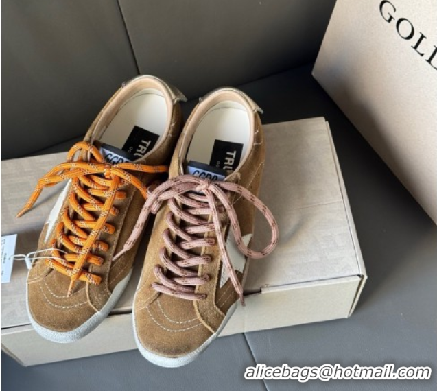 Classic Hot Golden Goose Women's True-Star Sneakers in tobacco-colored brown suede with white star and gold-tone heel ta