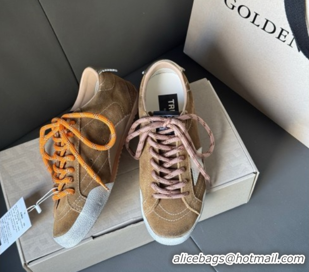 Classic Hot Golden Goose Women's True-Star Sneakers in tobacco-colored brown suede with white star and gold-tone heel ta