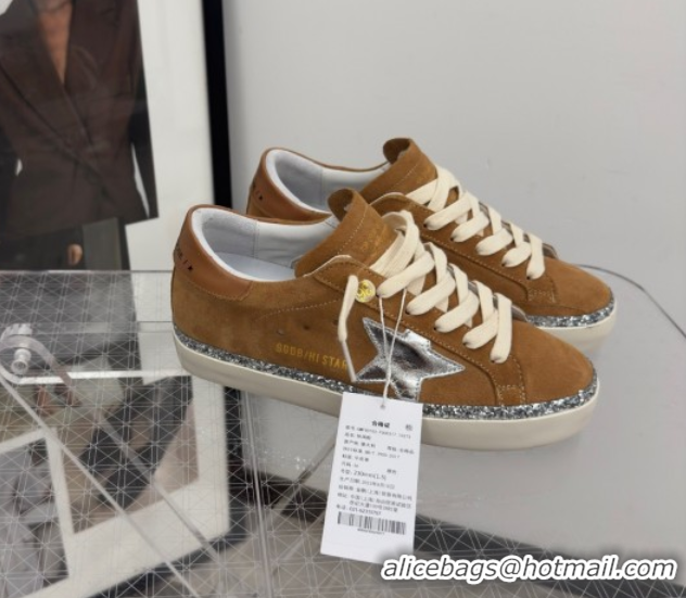 Low Price Golden Goose Women's Hi Star Sneakers in brown suede with silver leather star and leather heel tab 50429055