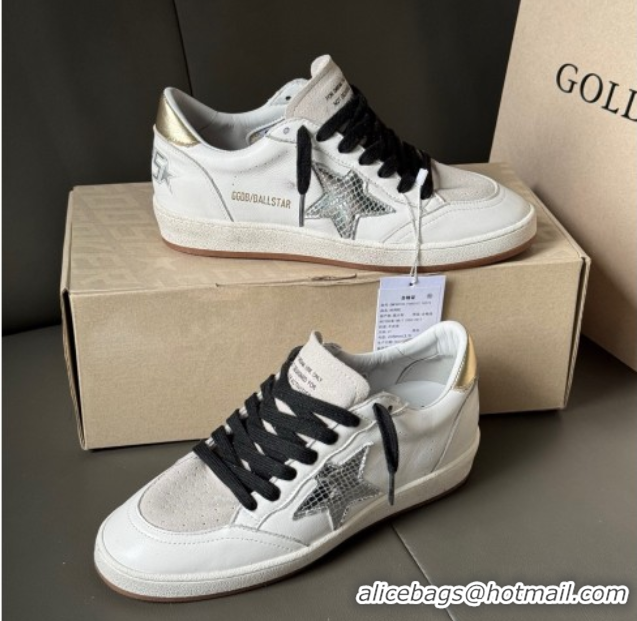 Big Discount Golden Goose Ball Star Sneakers in white leather and grey suede with metallic leather star 50605002