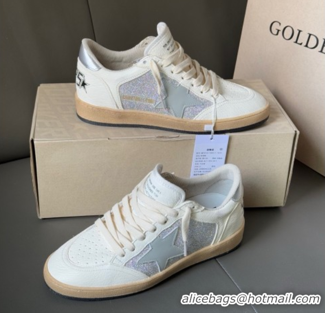 Good Quality Golden Goose Ball Star Sneakers in White Leather and Silver Glitters 0605006