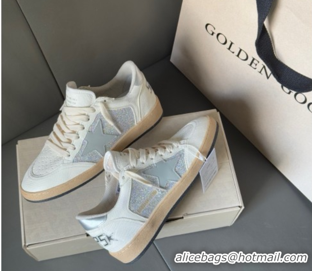 Good Quality Golden Goose Ball Star Sneakers in White Leather and Silver Glitters 0605006