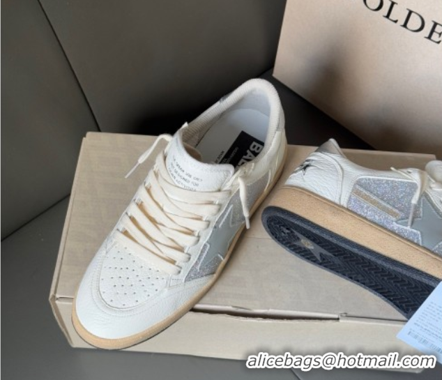 Good Quality Golden Goose Ball Star Sneakers in White Leather and Silver Glitters 0605006