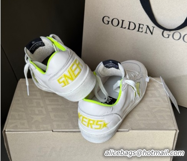 Shop Duplicate Golden Goose Ball Star Sneakers in white leather and neon green star 0605009