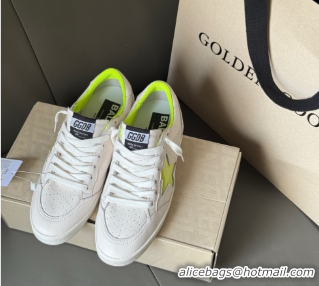 Shop Duplicate Golden Goose Ball Star Sneakers in white leather and neon green star 0605009