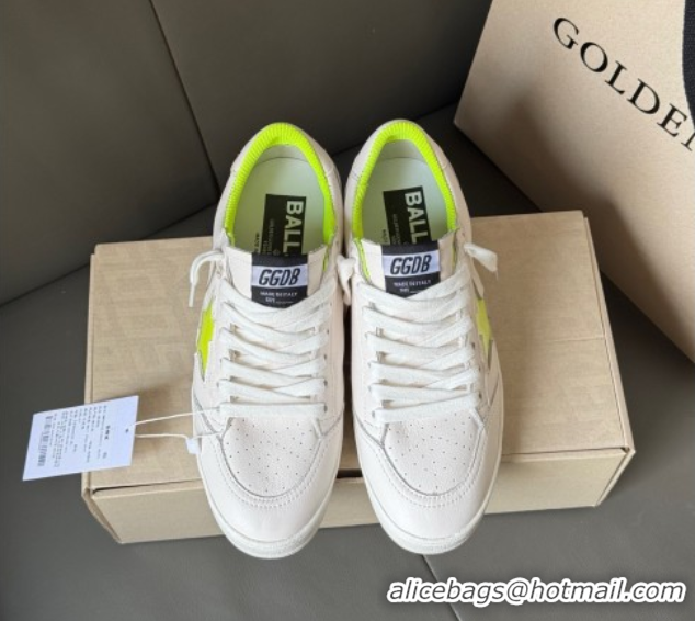 Shop Duplicate Golden Goose Ball Star Sneakers in white leather and neon green star 0605009