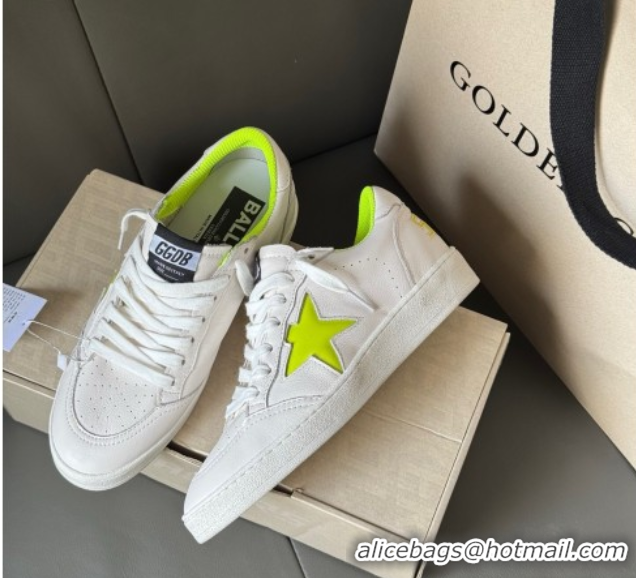 Shop Duplicate Golden Goose Ball Star Sneakers in white leather and neon green star 0605009