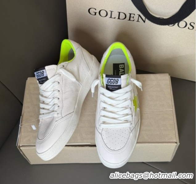 Shop Duplicate Golden Goose Ball Star Sneakers in white leather and neon green star 0605009