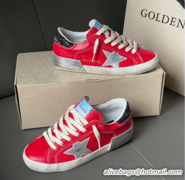 Stylish Golden Goose Women’s Super-Star Sneakers LTD in red nubuck with leather star and glitter heel tab 0605012