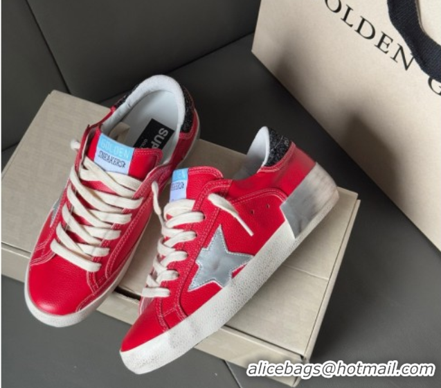 Stylish Golden Goose Women’s Super-Star Sneakers LTD in red nubuck with leather star and glitter heel tab 0605012