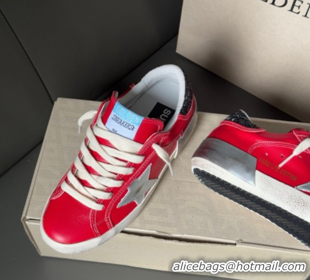 Stylish Golden Goose Women’s Super-Star Sneakers LTD in red nubuck with leather star and glitter heel tab 0605012