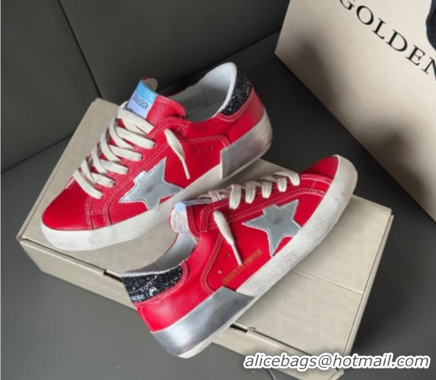 Stylish Golden Goose Women’s Super-Star Sneakers LTD in red nubuck with leather star and glitter heel tab 0605012