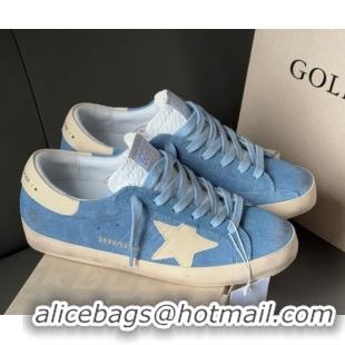Popular Style Golden Goose Super-Star Sneakers in light blue suede with beige leather star and heel tab 0605011