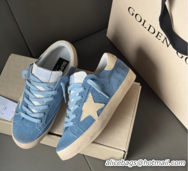 Popular Style Golden Goose Super-Star Sneakers in light blue suede with beige leather star and heel tab 0605011