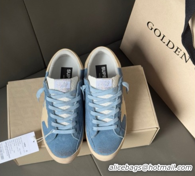 Popular Style Golden Goose Super-Star Sneakers in light blue suede with beige leather star and heel tab 0605011