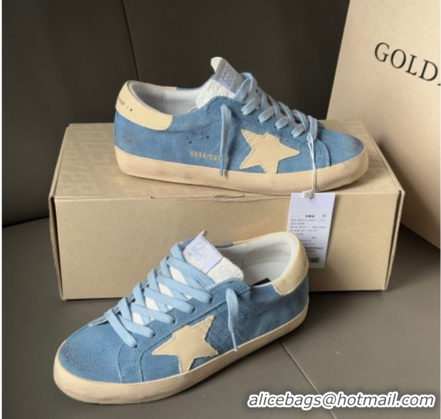 Popular Style Golden Goose Super-Star Sneakers in light blue suede with beige leather star and heel tab 0605011