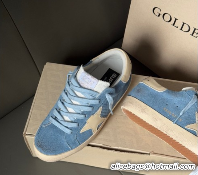 Popular Style Golden Goose Super-Star Sneakers in light blue suede with beige leather star and heel tab 0605011