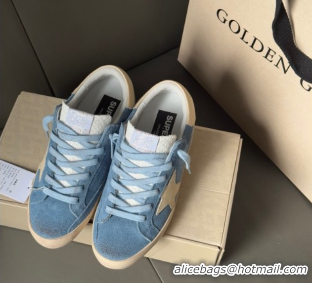 Popular Style Golden Goose Super-Star Sneakers in light blue suede with beige leather star and heel tab 0605011