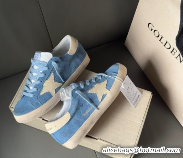 Popular Style Golden Goose Super-Star Sneakers in light blue suede with beige leather star and heel tab 0605011