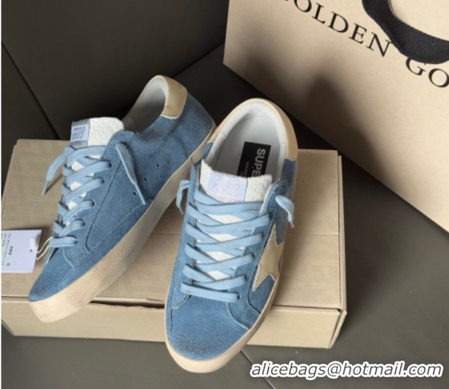 Popular Style Golden Goose Super-Star Sneakers in light blue suede with beige leather star and heel tab 0605011