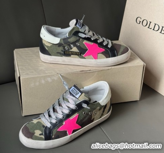 Grade Quality Golden Goose Women’s Super-Star Sneakers in green camouflage fabric and pink star 0605010