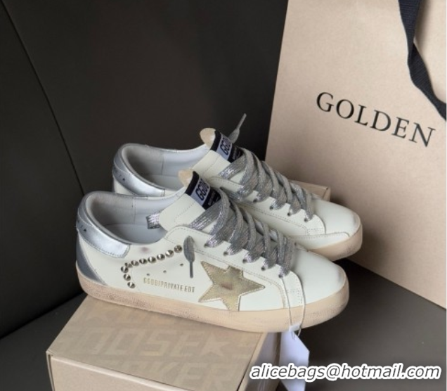 Good Looking Golden Goose Women’s Super-Star Sneakers in white leather and suede with silver studs 0605014