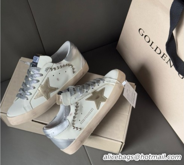 Good Looking Golden Goose Women’s Super-Star Sneakers in white leather and suede with silver studs 0605014