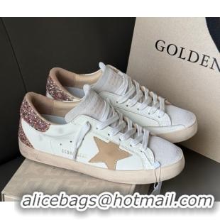 Pretty Style Golden Goose Women’s Super-Star Sneakers in white leather with gold glitter heel 0605015