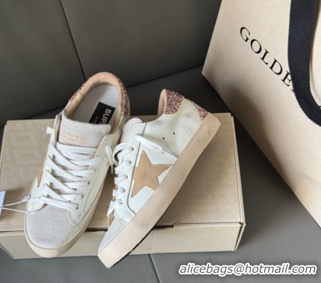 Pretty Style Golden Goose Women’s Super-Star Sneakers in white leather with gold glitter heel 0605015