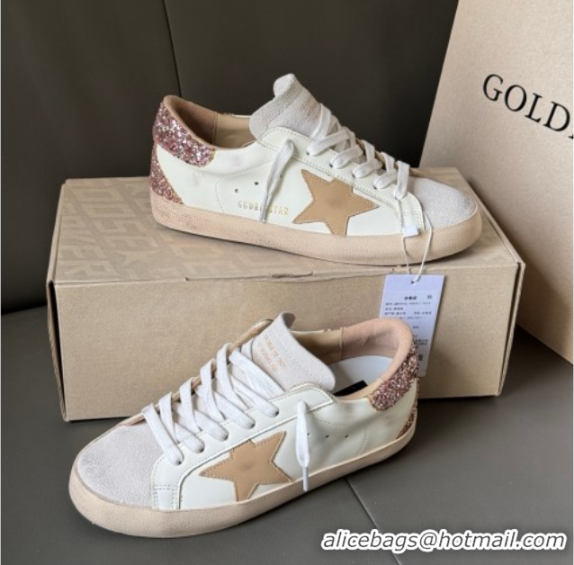 Pretty Style Golden Goose Women’s Super-Star Sneakers in white leather with gold glitter heel 0605015