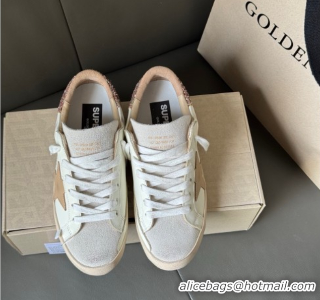 Pretty Style Golden Goose Women’s Super-Star Sneakers in white leather with gold glitter heel 0605015