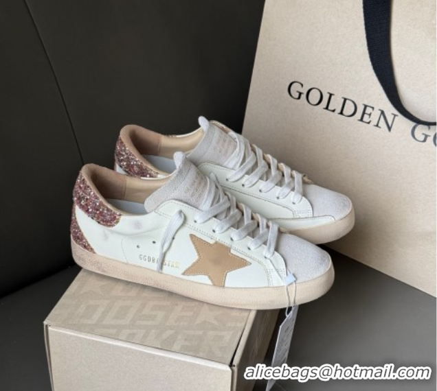 Pretty Style Golden Goose Women’s Super-Star Sneakers in white leather with gold glitter heel 0605015