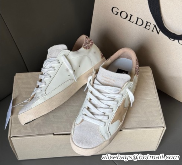 Pretty Style Golden Goose Women’s Super-Star Sneakers in white leather with gold glitter heel 0605015