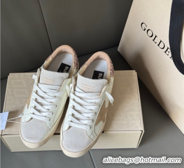 Pretty Style Golden Goose Women’s Super-Star Sneakers in white leather with gold glitter heel 0605015