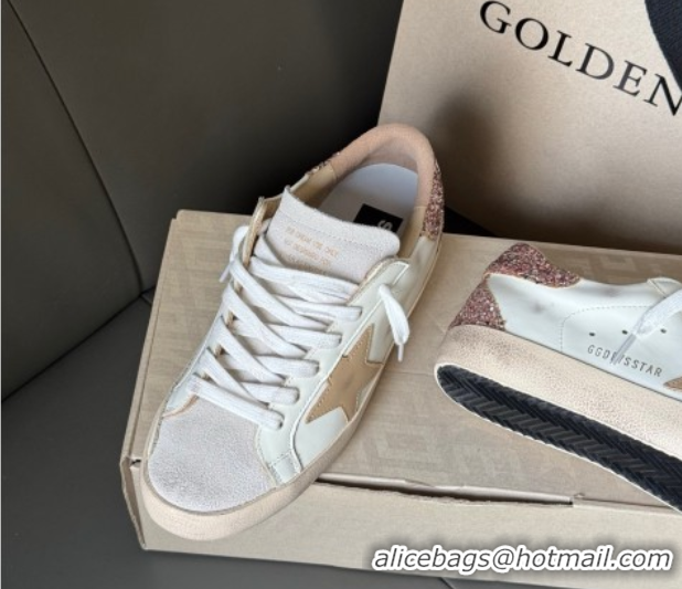 Pretty Style Golden Goose Women’s Super-Star Sneakers in white leather with gold glitter heel 0605015