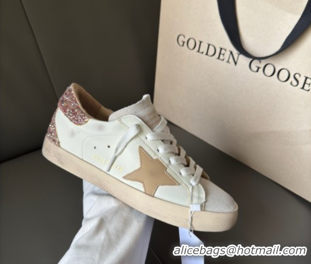 Pretty Style Golden Goose Women’s Super-Star Sneakers in white leather with gold glitter heel 0605015