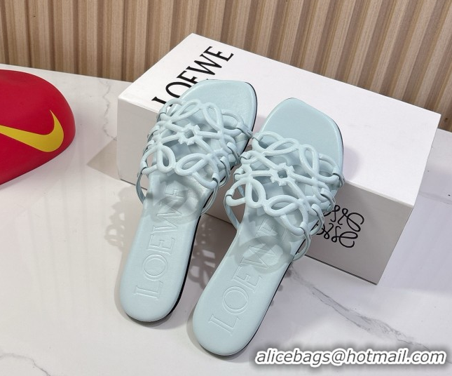 Shop Duplicate Loewe Petal Anagram flat slides sandal in soft calfskin Light Blue 0605084