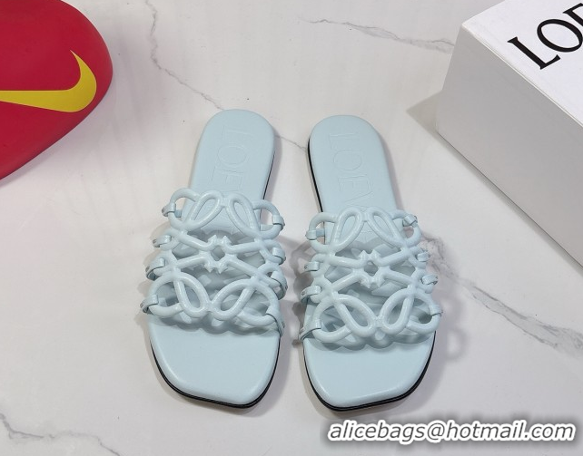 Shop Duplicate Loewe Petal Anagram flat slides sandal in soft calfskin Light Blue 0605084