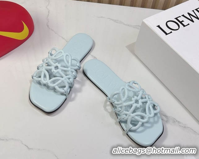 Shop Duplicate Loewe Petal Anagram flat slides sandal in soft calfskin Light Blue 0605084