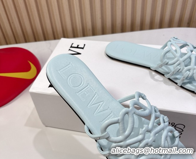 Shop Duplicate Loewe Petal Anagram flat slides sandal in soft calfskin Light Blue 0605084