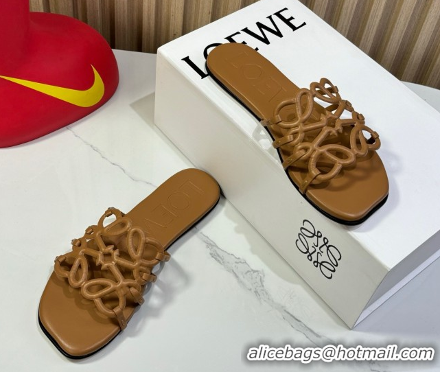 Sumptuous Loewe Petal Anagram flat slides sandal in soft calfskin Brown 0605088